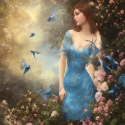 soft bueatiful woman in blue dress, bird