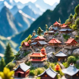 Miniature Himalayan village and a monastery on the top of the mountain with bokeh effect adventure.