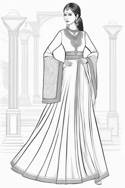 Coloring page for adults of a elegant fashion model woman wearing hindi dress, dynamic poses, full body portrait, thick and clean lines, clean details, no-color, no-turban, no-background, non color, non shading, no-grayscale, dynamic poses, full body portrait, thick and clean lines, clean details, no-color, no-turban, , non background, non color, non shading, no-grayscale, no color hair