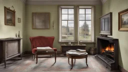 Small sitting-room interior, fireplace with open fire and hob and oven, 1950 UK council-house, chairs have four legs, tables have four legs, small window, clean, neat, tidy, basic, frugal, thrifty, economical, award-winning color photograph, Ultra Realism, 16k, HDR, High Quality, Sharp Focus, Studio Photo, Intricate Details, Highly Detailed