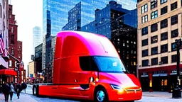 A Tesla semi-truck is parked, on the South Street Seaport, in New York. CINEMATIC. WIDE ANGLE LENS. PHOTO REAL.