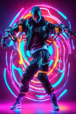 hip hop dancer wearing biomechanical,full body,lighting neons colors background