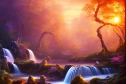 Forest waterfall palms twigs spring sunset rainbow bridge birds