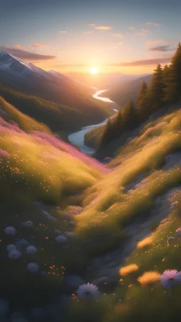 Sunset, hillside full of wildflowers, rich detail, light, light and shadow effects, gradient, vista, river, mountain, forest, sunset, snowy mountain, 8K ultra high resolution Beautiful, High Detail, Wonderful Views, High Quality, High Resolution, High Stereoscopic Visual, Surreal, Crisp Quality