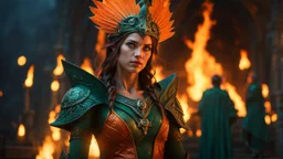 Armageddon. ragnarok. 18 year old female sorcerer. fantastic beautiful blue eyes. green and orange fire. exquisite realism, a masterpiece, fantasy concept art, dynamic lighting, hyperdetailed, intricately detailed, deep color, Unreal Engine, volumetric lighting , Epic cinematic brilliant stunning intricate meticulously detailed dramatic atmospheric maximal, CAMERA: Nikon Z7 | FOCAL LENGTH: 105mm | SHOT TYPE: Close-up | COMPOSITION: Centered | LIGHTING: Soft, directional