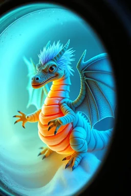 The image depicts a fantastical duck mummy snow soup, specifically a dragon with neon flash aura, with a unique and whimsical appearance. The dragon is positioned in a circular frame, which suggests it might be inside a container or a vessel. The dragon's body is elongated and has a segmented appearance, with a detailed texture that gives it a realistic look. Its head is covered with white, spiky hair, adding to its fantastical charm. The dragon's wings are large and spread out