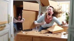 woman starts frantically tearing through a very large door sized box the kitchen table was delivered in