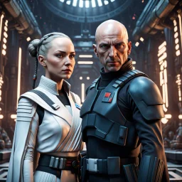 a bold and heroic bald male Corellian pilot in black and metallic grey First Order special forces gear meets a female Jedi Master in ancient, mystical temple, hyperdetailed, dynamic lighting, hyperdetailed background, 8k resolution, volumetric lighting, light skin, fully symmetric details