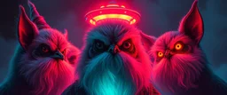 volume fog light, hyper real close up on fluffy beard faces of rock alien cricket duck priest gremlin man general with hi tech transcendent lazer plasma blaster arsenal from hell, guarding bridge up to space saucer neon plastic transparent