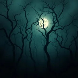“Spooky foggy forest background with twisted trees, glowing moonlight, horror movie style, JPG wallpaper”