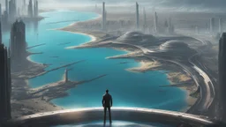 man overlooking a futuristic sci-fi city following the long curve of a sandy bay with futuristic piers stretching out into the water