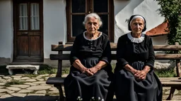 gloomy-looking old women sitting in black hungarian villager dress and wearing east european black head scharf on wooden bench in front of white old house outside in an authentic east european ,hungarian village, high detalied, professional photo, high qualit, high textures. The high-resolution image captures the essence of authenticity and realism, transporting the viewer to another time and place.