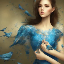 bueatiful woman in blue dress, bird