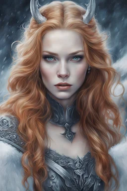 Vampire, eye candy Alexandra "Sasha" Aleksejevna Luss oil paiting style Artgerm Tim Burton, subject is a beautiful long ginger hair female in a Viking on ice in a snowy sea Hans Ruedi Giger style