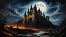 A masterpiece depicting a castle of Count Dracula, captured in a dreamy, oil painting, insane but beautiful, fine sketch strokes, ultra-high detailed, moon lights, castle placed in abandoned place from Earth, burning sky, dark treatment, sharp focus, and a hint of chromatic aberration, dead place like hell, phenomenal surrealistic mystery in the style of Charles Schulz and Karol Bak, trending on artstation, perfect, dedicate detailed, 16k RAW, HDR, award winning work , Mysterious