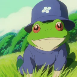 A green frog smiling with a blue hat on and wearing blue overalls skipping around in a field during a sunny day