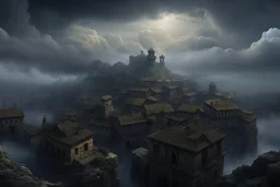 A dark, disrepaired medieval city in the clouds