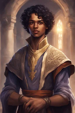 young mulatto sorcerer, with wavy short black hair and brown eyes dressed in an aristocratic tunic