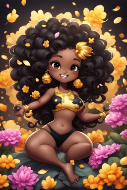 A sassy thick-lined airbrushed cartoon black chibi girl lounging lazily on her side, surrounded by flower petals. She has a golden lion tail curling playfully behind her curvy body. Looking up coyly, she grins widely, showing sharp lion teeth. Her poofy hair forms a mane framing her confident, regal expression.