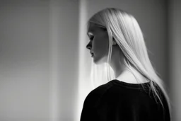 Mujer rubia de espaldas, retrato primer plano., iluminada potentemente desde atrás, Imagen en blanco y negro vaporoso, al estilo de la foto del fotógrafo Hugo Alonso.