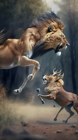 A lion attacking a deer, a realistic picture, a cinematic scene, more accurate hdr