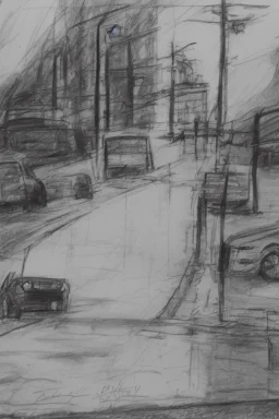 Pencil sketch of A car stops on an empty street, a traffic light, It's raining hard, night , houses on the side ، on lined paper