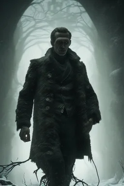 4K Ultra-HD, Hyper realistic, cinematic lighting --Frankenstein , short, bowl-cut black hair, dead black eyes, heavy black coat, black pants, greenish pail skin, gloomy, foggy, Castle, -- 4k, stunning, dramatic lighting, dramatic background, cinematic, atmospheric, very detailed, historic, powerful, octane rendering, exquisite detail, 30 - megapixel, 4k, 85 - mm - lens, sharp - focus, intricately detailed