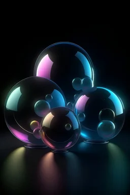 abstract render of subtle pastel transparent iridescent and holographic geometric 5 spheres made of frozen glass levitating in the space with undark surroundings