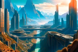 cyberpunk city, sunny day, valley, mountains, sci-fi, epic