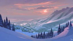 Fantasy cartoon style: view down the ski slope from the top of the hill, snow is sparkling