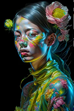 PHOTOREALISTIC PORTRAIT OF A GIRL of Cirque dU soleil, WALKING ON THE SHORE AT THE MOONLIGHT, AND EMBRACING PINK YELLOW PEONIES, VIVID METALLIC colors: torquoise, pale salmon, persimmon, grey-green , pale lemon yellow, greenish gold, metallic bronze. ULTRA detailed; CORRECT anatomy, FACE and eyes, HIGH RESOLUTION AND DETAILS, HIGH DEFINITION, STYLE BY RAFFAELLO, MICHELANGELO,