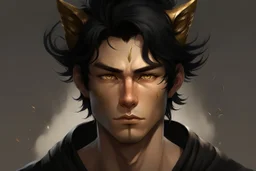 man with messy black hair, gold eyes, large black cat ears on his head, realistic