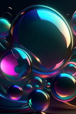 abstract render of iridescent and holographic geometric organic shapes/circles flying