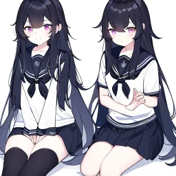 Clear focus, High resolution, rough line art, cute, cartoon, black long fluffy hair, chopped bangs, wearing a sailor uniform, sitting down, purple eyes