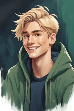 smiling young androgynous male green eyed teenager with freckles and long blonde hair wearing a weathered navy blue hoodie, jeans and a black t-shirt, simple background, cartoon fantasy oil painting style, 80's