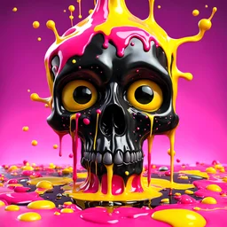 ((melting black skull)) dripping pink and yellow acrylic paint, fluid form, gooey, Dreamworks 3D cartoon animation style, big eyes, plasma popcorn, candy sprinkles, 3D abstract art, CGI, animated photorealism, liquid pop surrealism, ((Max Ernst, Sabbas Apterus, Ron English)), HDRI, hyper detailed, stylised, creative cinematic, lighting, depth of field, smooth surface, vibrant, surreal art, ray tracing, rim lighting, ground reflections, cgsociety, Maya, Arnold Render, Houdini FX