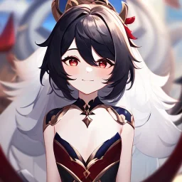 Clear focus,High resolution, black short fluffy hair, long fluffy bangs, and red eyes, Depressed girl, wearing a genshin impact outfit,slight revealing outfit, Smug smile, half closed eyes, smile, full body, Extreme close up, smiling, eyes close, Extreme Close up