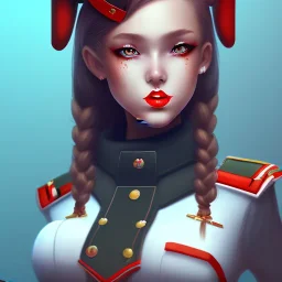 female soldier wearing miniskirt, wearing thighhighs, pretty face, red lips kissy face, pigtails hairstyle, wide shot, zoomed out, looking at camera, trending on artstation