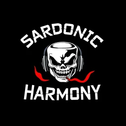 A minimalist logo for a rock band. The text "SARDONIC HARMONY" is written in a futuristic, robotic font. Below the text, there is a sinister, evil marshmallow head with headphones. The marshmallow head is breathing red flames. The background is dark. The logo has a horror theme. It is inspired by the styles of Ed "Big Daddy" Roth