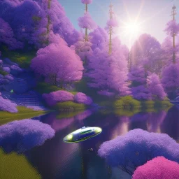 Spaceship landed on lake, sunny day. clear sky, cascade, blue trees, flowers. Elegant. Extremely detailed. Award winning photography. Fantasy. 8k. Cinematic lighting. Photorealistic. Dynamic lighting. Imperial colors. Crisp quality. Unreal Engine. Colourful cinematic postprocessing. Pixar. VRay.