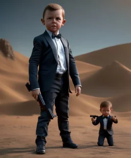 James bond toddler, full body, gun, car, dramatic lighting, hyper realistic