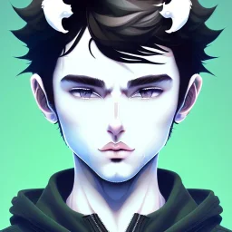 masterpiece - face - anime boy - black hair - portrait- white eyes - white horns on head - sharp eyes- handsome