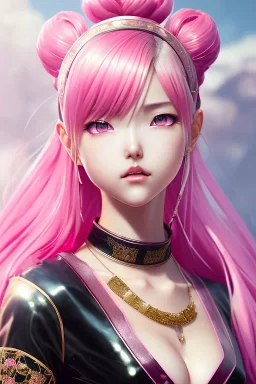 Detailed cute anime Kunoichi girl, pink hair buns, pink bangs, black latex bodysuit, intricate details, full body portrait, keep head in frame, slight smile, black Japanese motif, concept art, highly detailed, digital painting, concept art, sharp focus, illustration, art by Yoji Shinkawa, WLOP and greg rutkowski and alphonse mucha and artgerm and yanjun Chen and Junji ito and Makoto Shinkai, HDR, octane render