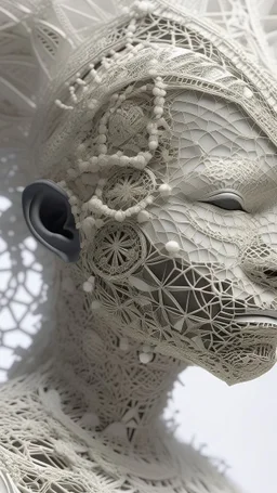 A long hyperrealistic shot of a queen of the African tribes all in white head out of a white spider web, intricate details, soft natural light, screen captured from 4K Blu-ray. All white background