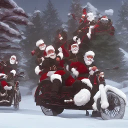 multiple santas driving a motorcycle arround christmass tree