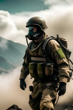 Picture of a battle and smoke. There is a soldier wearing a mask and carrying a military communications bag on his back. There is an antenna on the bag, communications equipment, mountains in the area, and military aircraft.