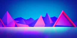 3d rendering. Abstract futuristic neon background. Fantastic landscape with glowing geometric triangular frame and mountains