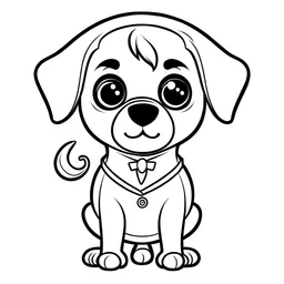 coloring page for kids age 2-5 years, pent coat puppy ,cartoon style,thick lines, extremely low detail,no shading, very simple art,only 2 legs and 2 arms ,white background, Centre aligned,size of art smaller than background,no open path, black and white.