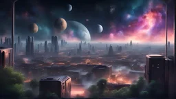 the view outside a window into a sparsely populated city that´s built on an asteroid. the scene is a calm night in outer space. trains are travelling through the city which is largely overgrown and has many waterfeatures. in the sky is a colourful nebula