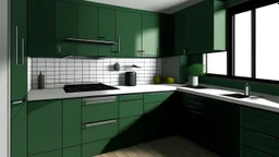 kitchen with dark green furniture, on the left side by the window from the bottom up, a microwave and an oven installed in the furniture, and on the right side and next to it an induction hob and a cooker hood above it, on the right side there is a sink and a dishwasher underneath it